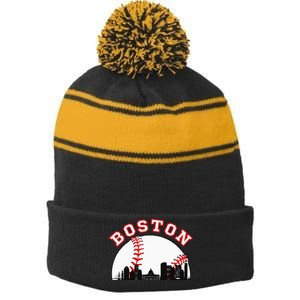 Boston Baseball Boston MA Cityscape BOS Skyline Stripe Pom Pom Beanie