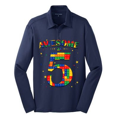 Building Blocks Bricks Awesome At 5 Years Old Birthday Boy Silk Touch Performance Long Sleeve Polo