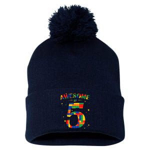 Building Blocks Bricks Awesome At 5 Years Old Birthday Boy Pom Pom 12in Knit Beanie