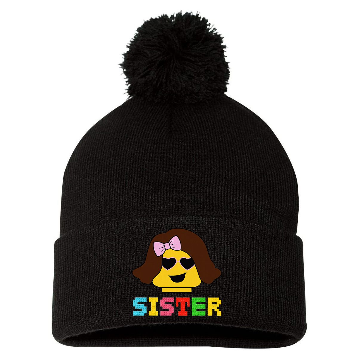 Building Bricks Blocks Sister Master Builder Family Matching Pom Pom 12in Knit Beanie