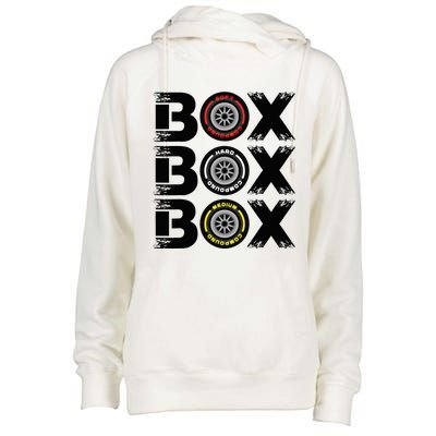 Box Box Box F1 Tyre Compound V2 Design Car Lover Womens Funnel Neck Pullover Hood