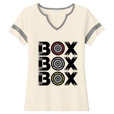 Box Box Box F1 Tyre Compound V2 Design Car Lover Ladies Halftime Notch Neck Tee