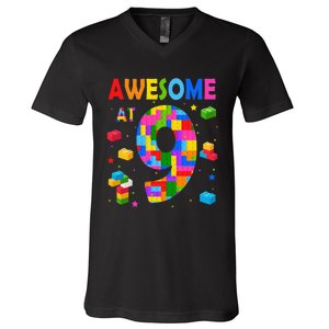 Building Blocks Bricks Awesome At 9 Years Old Birthday V-Neck T-Shirt