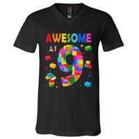 Building Blocks Bricks Awesome At 9 Years Old Birthday V-Neck T-Shirt