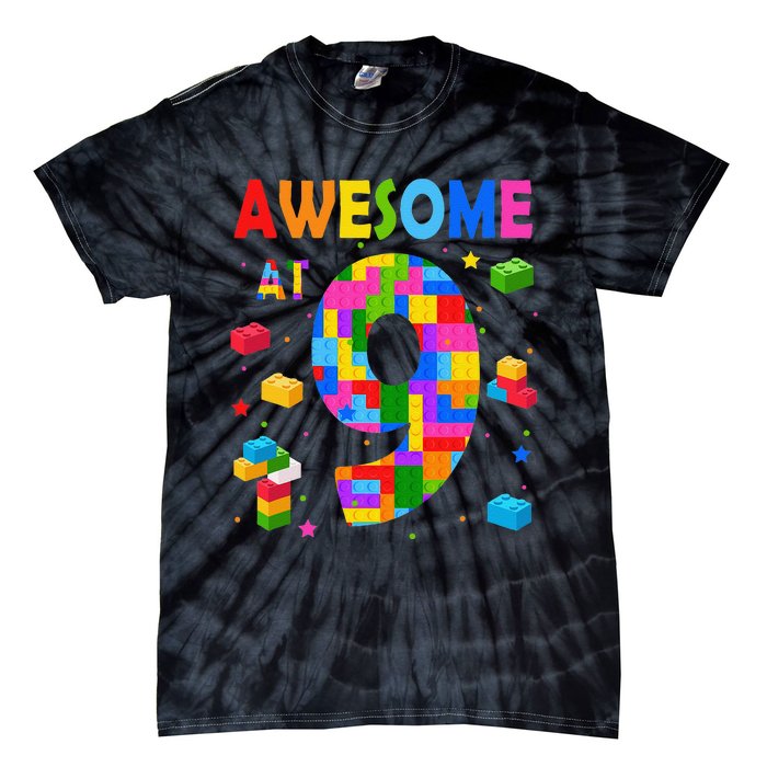 Building Blocks Bricks Awesome At 9 Years Old Birthday Tie-Dye T-Shirt