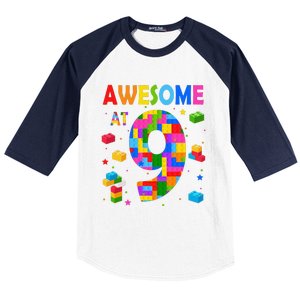 Building Blocks Bricks Awesome At 9 Years Old Birthday Baseball Sleeve Shirt