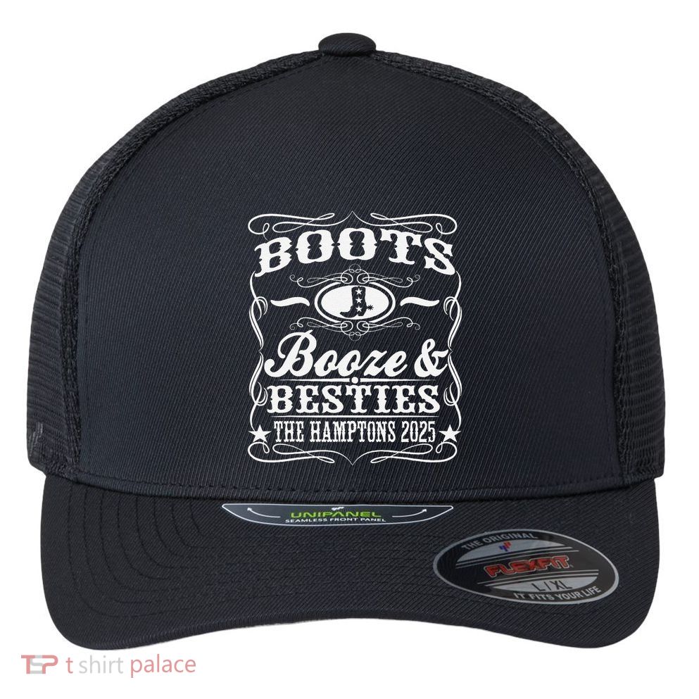 Boots Booze Besties Hamptons 2025 Whiskey Theme Flexfit Unipanel Trucker Cap
