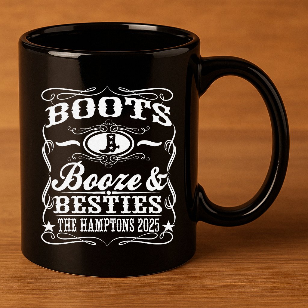 Boots Booze Besties Hamptons 2025 Whiskey Theme 11oz C Handle Ceramic Mug