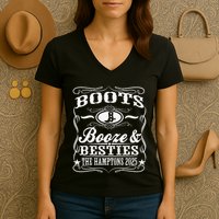 Boots Booze Besties Hamptons 2025 Whiskey Theme Women's V-Neck T-Shirt