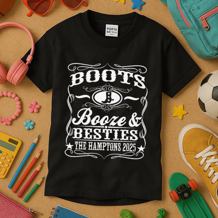 Boots Booze Besties Hamptons 2025 Whiskey Theme Kids T-Shirt