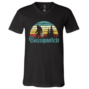 Bassquatch Bigfoot Believer Bass Fishing Yeti Sasquatch V-Neck T-Shirt