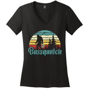 Bassquatch Bigfoot Believer Bass Fishing Yeti Sasquatch Women's V-Neck T-Shirt