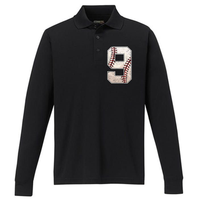 Baseball Birthday Boy Nine 9 Years Old Ninth 9th Bday Party Performance Long Sleeve Polo