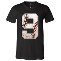 Baseball Birthday Boy Nine 9 Years Old Ninth 9th Bday Party V-Neck T-Shirt