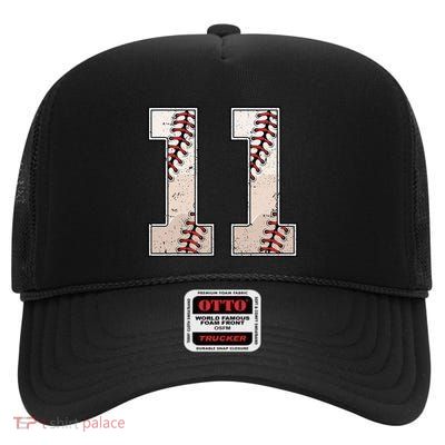 Baseball Birthday Boy Eleven 11 Years Old 11th Bday Party High Crown Mesh Back Trucker Hat