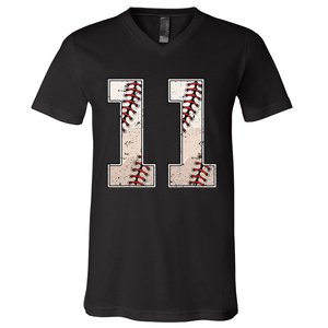 Baseball Birthday Boy Eleven 11 Years Old 11th Bday Party V-Neck T-Shirt