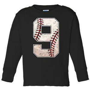 Baseball Birthday Boy Nine 9 Years Old Ninth 9th Bday Party Toddler Long Sleeve Shirt