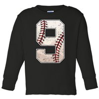 Baseball Birthday Boy Nine 9 Years Old Ninth 9th Bday Party Toddler Long Sleeve Shirt