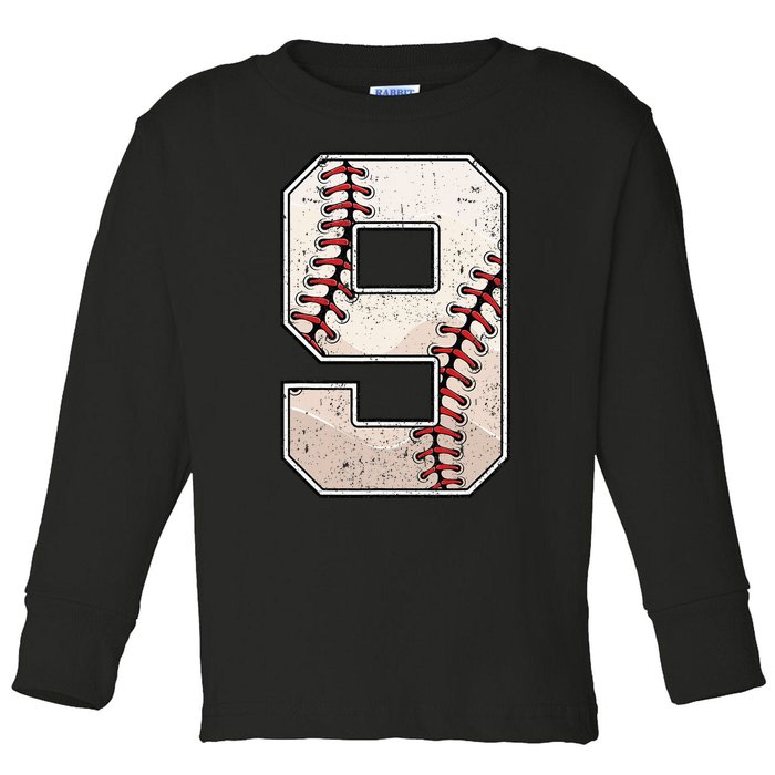 Baseball Birthday Boy Nine 9 Years Old Ninth 9th Bday Party Toddler Long Sleeve Shirt