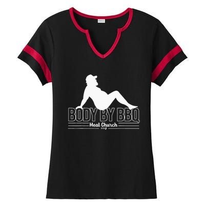 Body By Bbq Vintage Meat Church Hot Ladies Halftime Notch Neck Tee