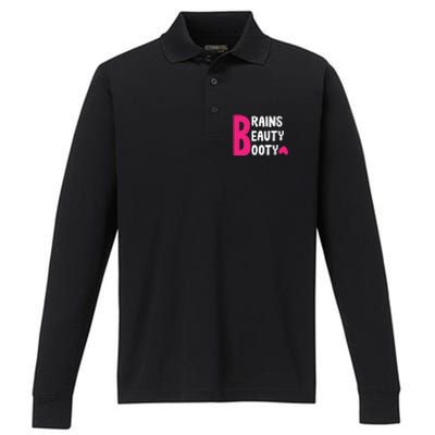 Brains Beauty Booty Funny Smart Pretty Fitness Butt Workout Gift Performance Long Sleeve Polo