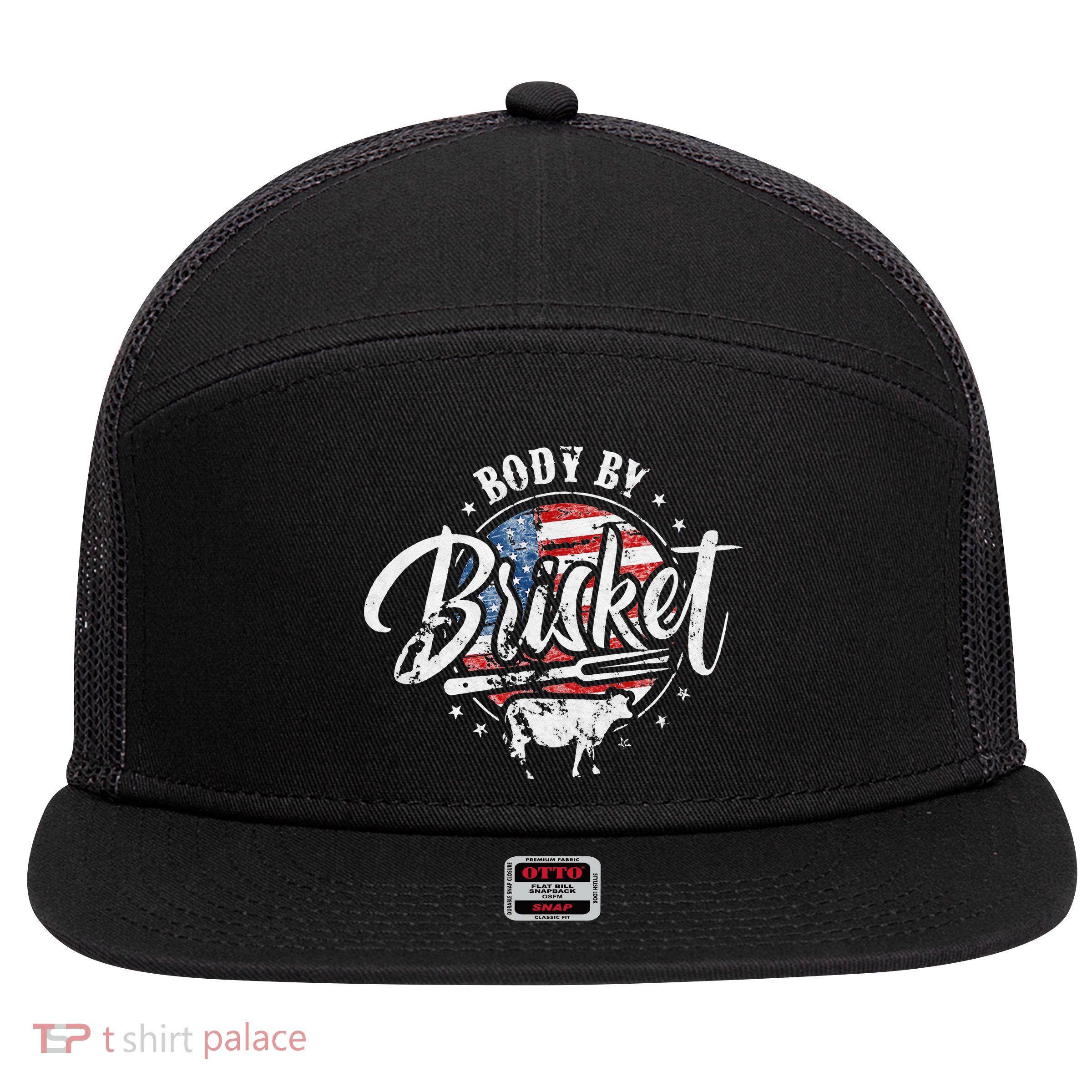 Body By Brisket USA Flag Patriotic Barbeque 4th of July 7 Panel Mesh Trucker Snapback Hat