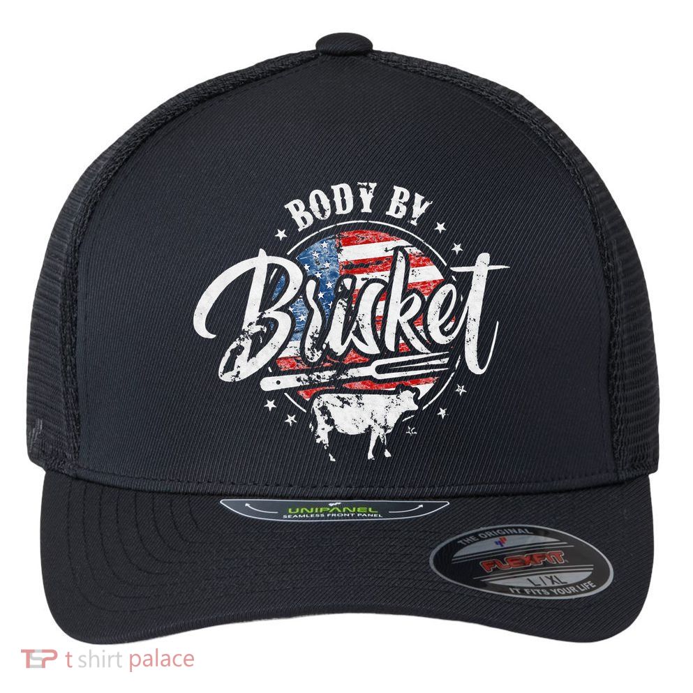 Body By Brisket USA Flag Patriotic Barbeque 4th of July Flexfit Unipanel Trucker Cap