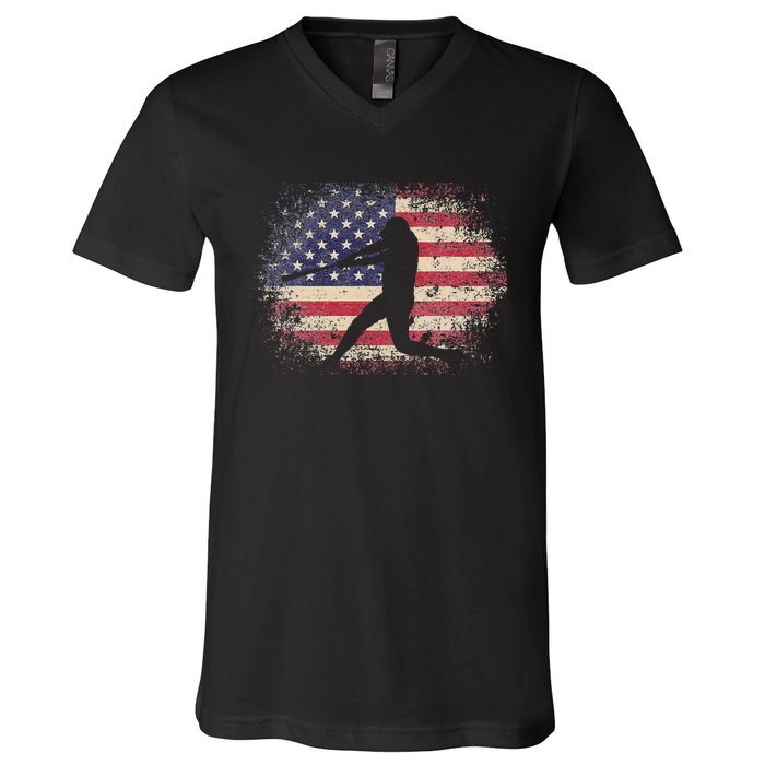 Baseball Bat Ball 4th of July Christmas Gift American Flag V-Neck T-Shirt