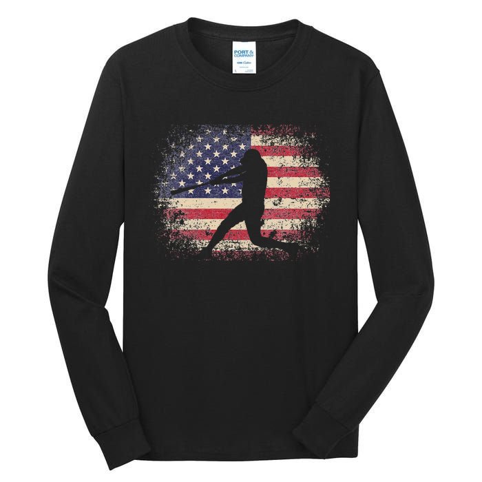 Baseball Bat Ball 4th of July Christmas Gift American Flag Tall Long Sleeve T-Shirt