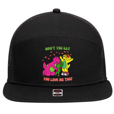 Barney Baby Bop And Bj WonT You Say You Love Me Too 7 Panel Mesh Trucker Snapback Hat