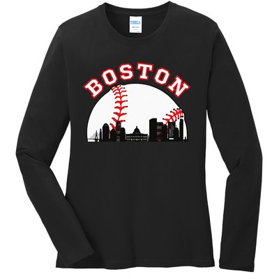 Boston Baseball Boston MA Cityscape BOS Skyline Ladies Long Sleeve Shirt