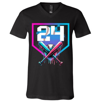 Baseball Birthday Boy Drip 24th Player 24 Years Old Boy  V-Neck T-Shirt