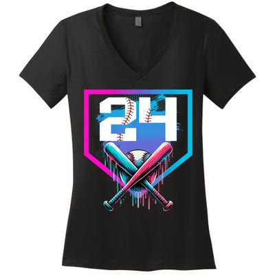 Baseball Birthday Boy Drip 24th Player 24 Years Old Boy  Women's V-Neck T-Shirt