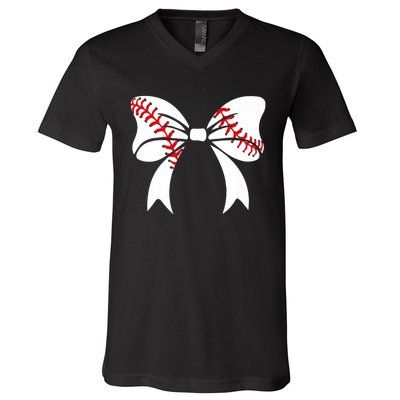 Baseball Bow Baseball Mom Mothers Day Women Baseball Mama V-Neck T-Shirt