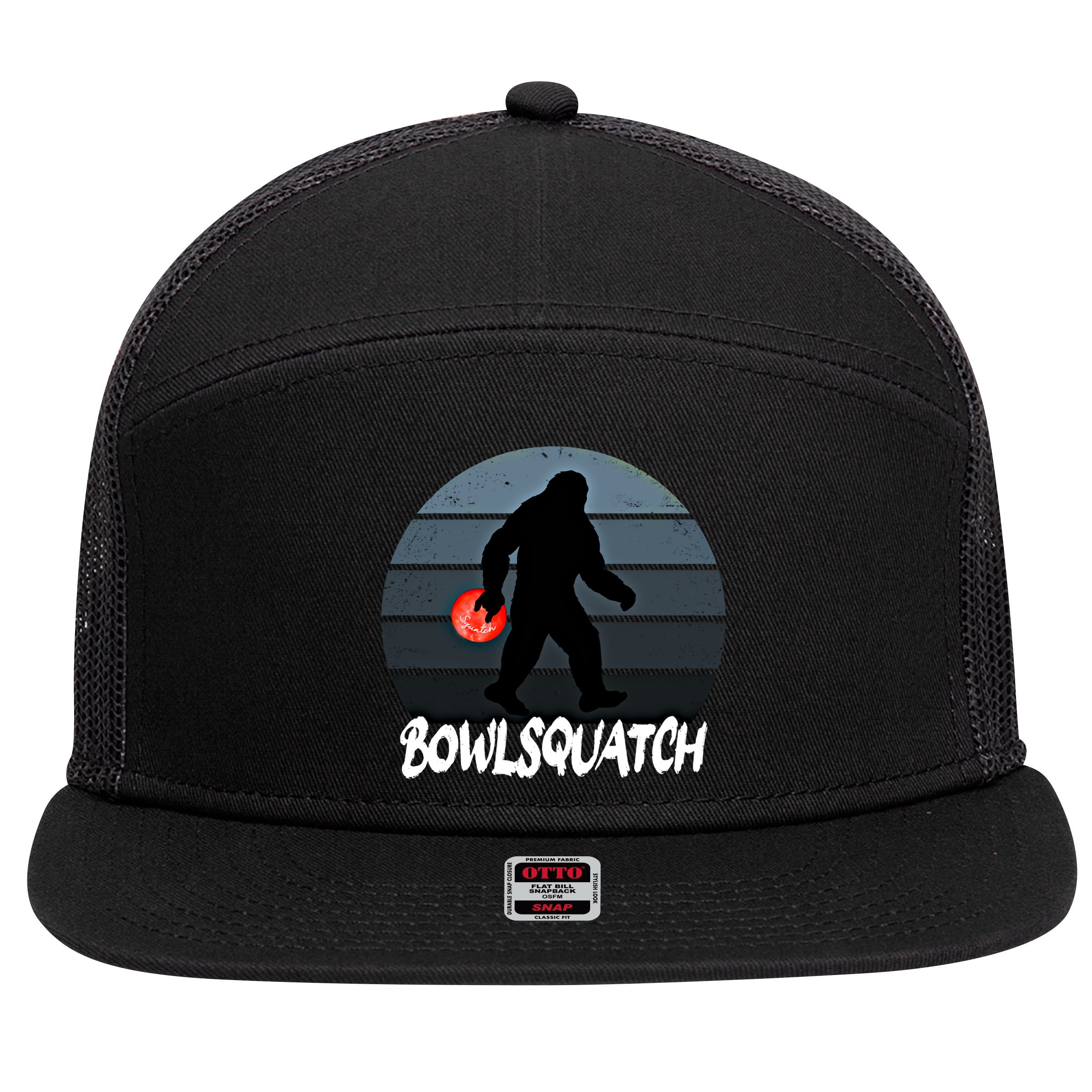 Bowlsquatch Bigfoot Bowling Ball Sasquatch Bowler Squatch Gift 7 Panel Mesh Trucker Snapback Hat