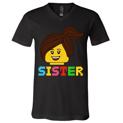 Building Bricks Blocks Sister Master Builder Family Matching V-Neck T-Shirt