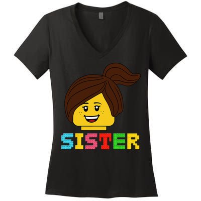 Building Bricks Blocks Sister Master Builder Family Matching Women's V-Neck T-Shirt