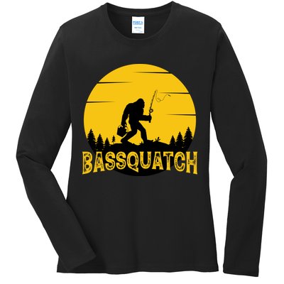 Bassquatch Bigfoot Bass Fishing Ladies Long Sleeve Shirt