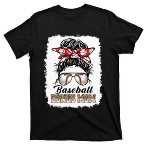 Bleached Baseball Bonus Mom Messy Bun Game Day Mothers Day T-Shirt