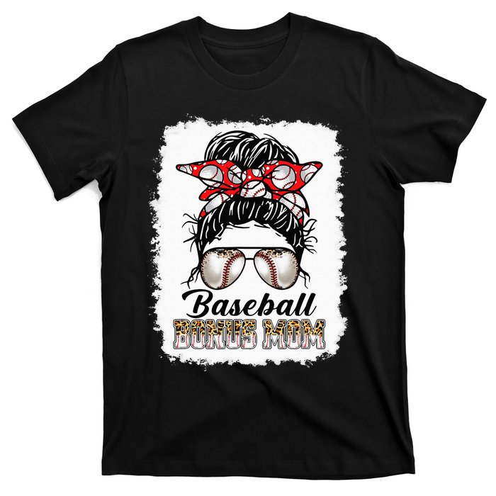 Bleached Baseball Bonus Mom Messy Bun Game Day Mothers Day T-Shirt