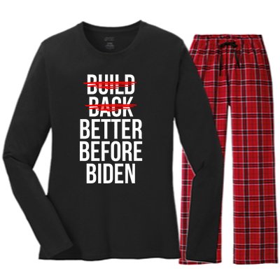 Better Before Biden Funny Anti Joe Biden Saying Sarcasm Women's Long Sleeve Flannel Pajama Set 