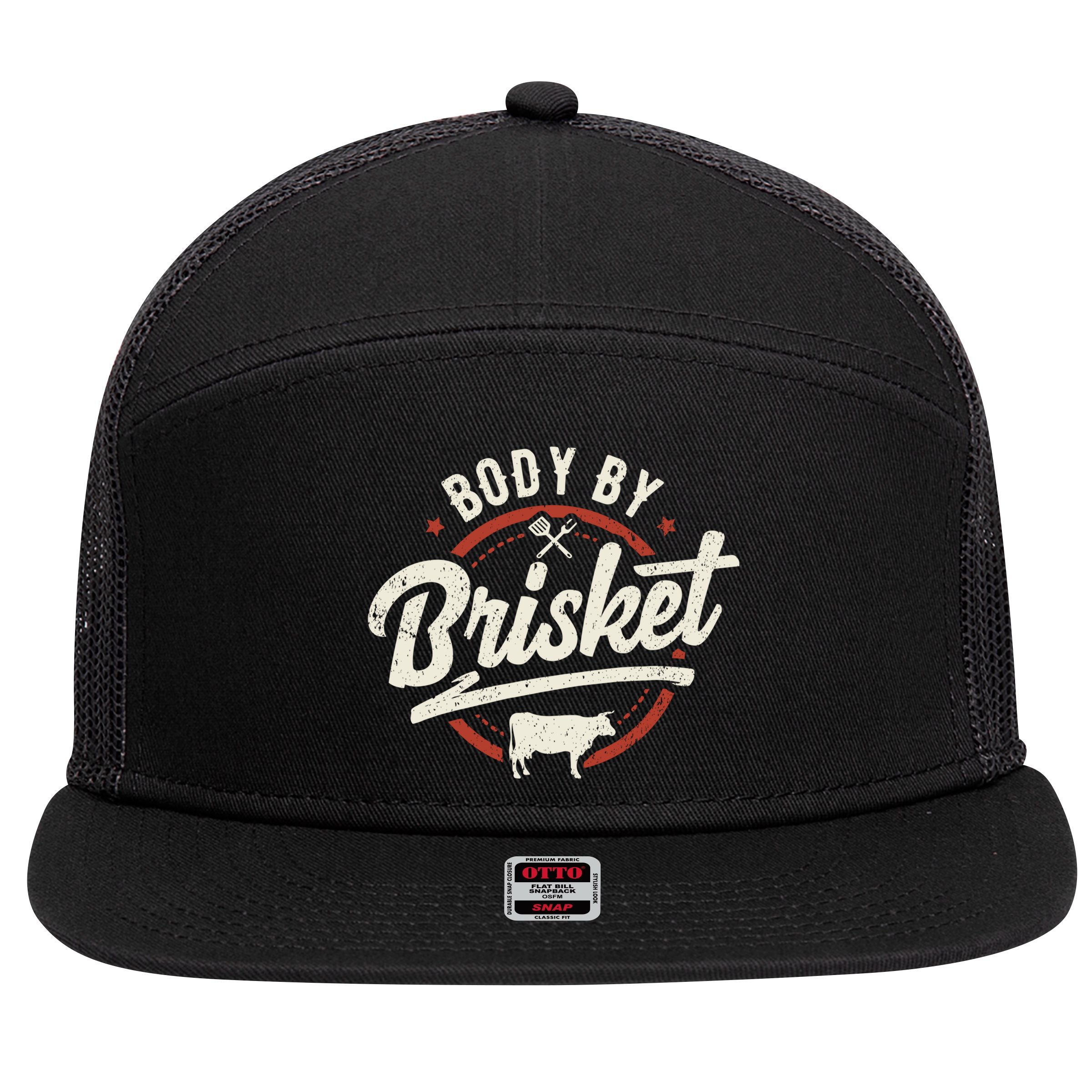 Body By Brisket Backyard Cookout Bbq Grill Gift 7 Panel Mesh Trucker Snapback Hat
