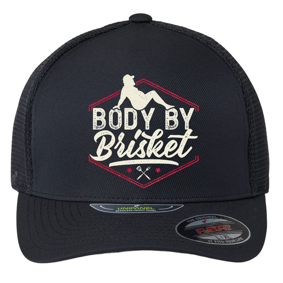 Body By Brisket Funny Steak Lover Grilling BBQ Chef Flexfit Unipanel Trucker Cap