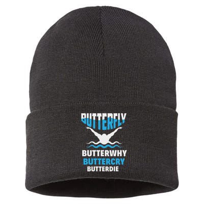 Butterfly Butterwhy Buttercry Funny Swimming Swimmer Sustainable Knit Beanie