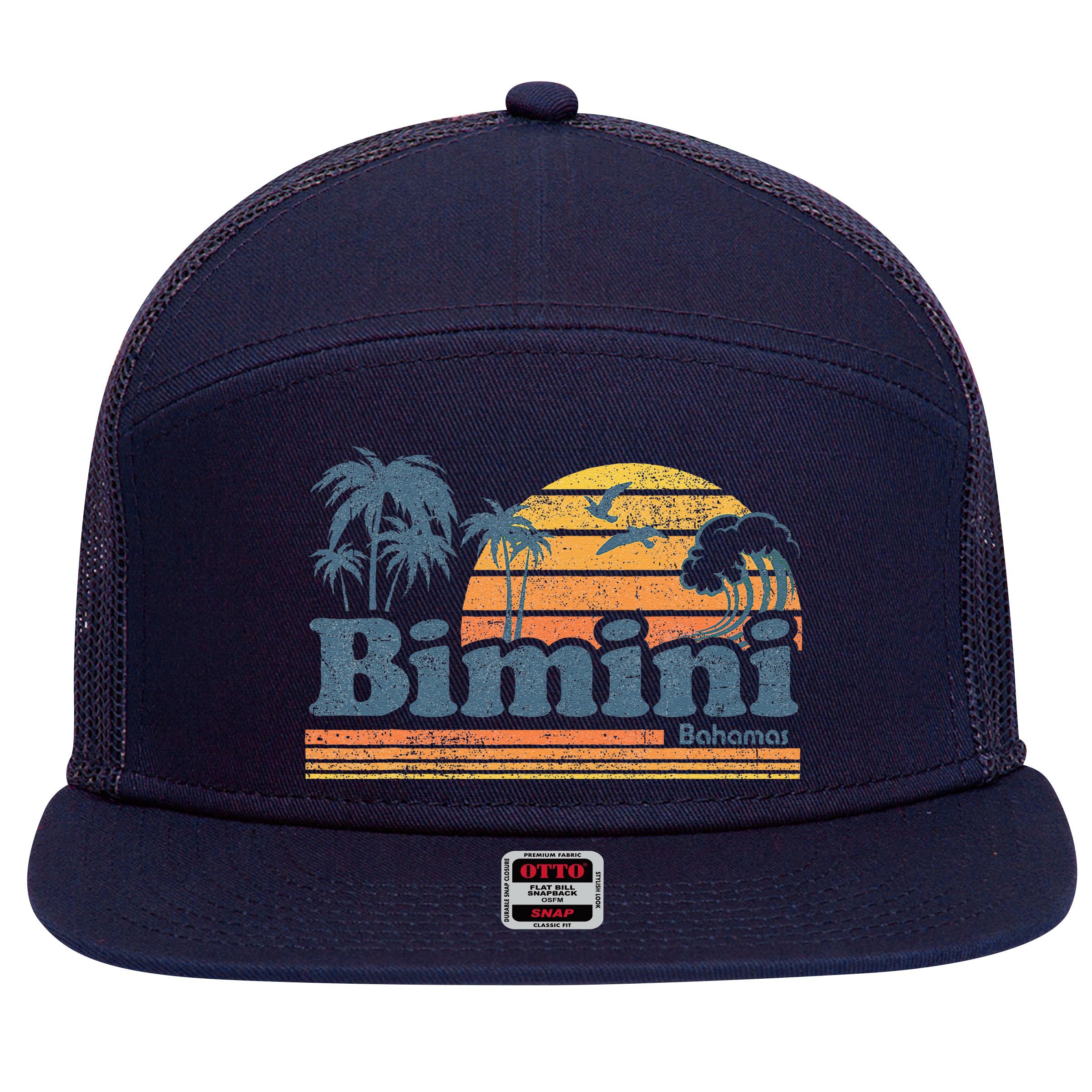 Bimini Bahamas Beach Summer Vacation Sun Vintage 70S Retro 7 Panel Mesh Trucker Snapback Hat
