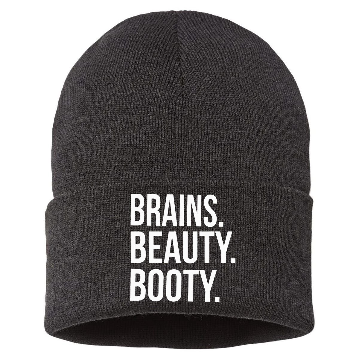 Brains. Beauty. Booty. Cute Funny Workout Sustainable Knit Beanie