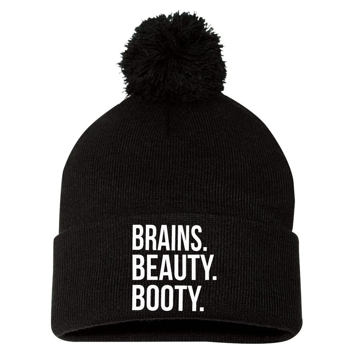 Brains. Beauty. Booty. Cute Funny Workout Pom Pom 12in Knit Beanie