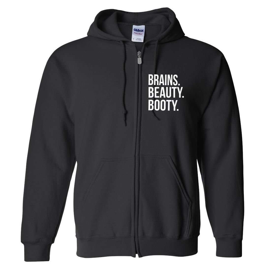 Brains. Beauty. Booty. Cute Funny Workout Full Zip Hoodie