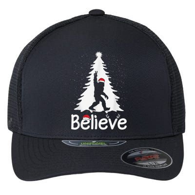 Believe Bigfoot Christmas Yetti Funny Xmas Tree Sasquatch Flexfit Unipanel Trucker Cap