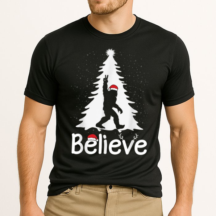 Believe Bigfoot Christmas Yetti Funny Xmas Tree Sasquatch Cooling Performance Crew T-Shirt